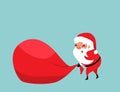 Christmas Santa Claus pulling a huge red bag of gifts with difficulty. Place for your text. Winter holiday mood vector Royalty Free Stock Photo