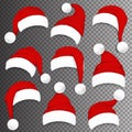 Christmas Santa Claus red hats with shadow isolated on transparent background. Vector