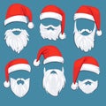 Christmas Santa Claus red hats with white moustache and beards vector set