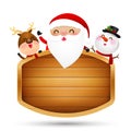 Christmas santa claus reindeer and snowman perched at wooden sign vector illustration eps 10 001