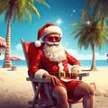 Christmas Santa Claus relaxing on sunlounger at ocean sandy tropical beach under palm leaves. Blue sky, sunny day. Happy Royalty Free Stock Photo