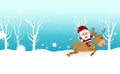 Christmas, Santa Claus riding reindeer cartoon, snowflakes fall, winter holiday season card banner, celebration abstract