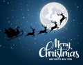 Christmas santa claus riding reindeer vector background design. Merry christmas and happy new year greeting. Royalty Free Stock Photo