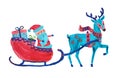 Christmas Santa Claus on sleigh with reindeer with gift box present. Hand painting acrylic, oil paints or gouache matte art.