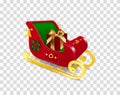 Christmas Santa Claus sleigh with skids decorated with holly plant, ornament, bells with red gift box with bow. Realistic Vector Royalty Free Stock Photo