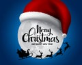 Christmas with santa claus in sleigh vector background design. Merry christmas and happy new year greeting text.