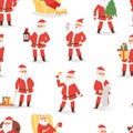 Christmas Santa Claus vector character poses illustration Xmas man in red traditional costume and Santa hat seamless Royalty Free Stock Photo