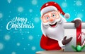 Christmas santa claus vector design. Merry christmas text with santa character giving and holding gift box in snowy background. Royalty Free Stock Photo