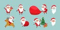 Christmas Santa Claus vector set. Cute cartoon winter holiday characters in various situation on reindeer, jumping near Royalty Free Stock Photo