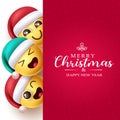 Christmas santa emoji vector template design. Merry christmas and happy new year text in red Royalty Free Stock Photo