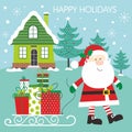 Christmas santa with gifts, sleigh and house Royalty Free Stock Photo