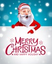 Christmas santa greeting vector template design. Merry christmas text in white message space with santa claus character peeking.