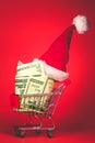 Christmas Santa hat on shopping cart full of money. Xmas cash gift, or chrismas spending concept
