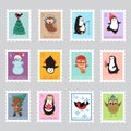 Christmas santa postage stamps for greeting card. Vector set Royalty Free Stock Photo