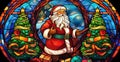 christmas, santa, presents, christmas tree in the style of stained glass, with neon colors on a white background