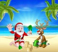 Christmas Santa and Reindeer on Summer Beach Royalty Free Stock Photo
