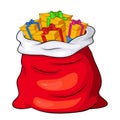 Christmas SantaÃ¢â¬â¢s sack full of gift boxes and present packages. Claus red big bag, sackful for children. xmas presents with Royalty Free Stock Photo