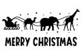 Christmas Santa\'s sleigh with safari animals. Vector silhouettes elephant,giraffe,camel Royalty Free Stock Photo