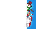 Christmas santa snowman and elf peeking behind board greeting card template