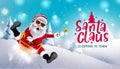 Christmas santa vector background design. Santa claus is coming to town text with christmas character sliding and riding sleigh. Royalty Free Stock Photo