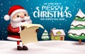 Christmas santa vector banner design. Merry christmas text with santa claus character reading wish list in snow winter background. Royalty Free Stock Photo