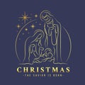 Christmas the savior is born abstract gold line drawing The Nativity with mary and joseph in a manger with baby Jesus on dark