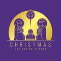 Christmas, the savior is born - Cute charactor style The Nativity with mary and joseph in a manger with baby Jesus, Gold line