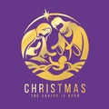 Christmas, the savior is born - Gold the nativity with mary and joseph in a manger with baby Jesus in circle star frame on purple