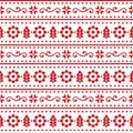 Christmas Scandinavain folk art vector seamless pattern, Nordic festive design with snowflakes, flowers, Xmas trees in red on whit Royalty Free Stock Photo