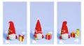 Christmas Scandinavian gnome with beard and red decorated hat 3D render vertical banner set.