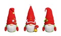 Christmas Scandinavian gnome with long white beard and decorated red hat 3D render illustration set.