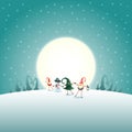 Christmas scandinavian gnomes and snowman on moonlight winter background