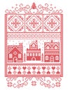 Christmas Scandinavian, Nordic style winter stitching, pattern including snowflake, heart, winter wonderland village, gingerbread