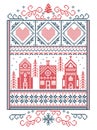 Christmas Scandinavian, Nordic style winter stitching, pattern including snowflake, heart, winter wonderland village, gingerbread