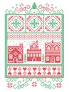 Christmas Scandinavian, Nordic style winter stitching, pattern including snowflake, heart, winter wonderland village, gingerbread Royalty Free Stock Photo