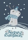 Christmas scandinavian vector deer in hat and scarf with text Merry Christmas illustration design. Cute bambi animal
