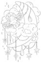 Coloring page for adult, kids coloring book, notebook with baby angel, moon and cloud. Christmas boy. Black and white pattern for Royalty Free Stock Photo