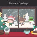 Christmas scene background with singing elf, reindeer and snowman