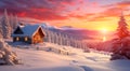 Christmas scene of picturesque landscape with small wooden log cabin on a snow meadow on sunrise time. Snowy hills Royalty Free Stock Photo