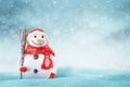 Christmas scene with a cute snowman. Free space for text on right side Royalty Free Stock Photo
