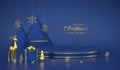 Christmas Scene and 3D round and cube platform on blue background. Blank Pedestal with deer, snowflakes, balls, gift boxes, golden Royalty Free Stock Photo