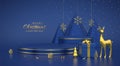 Christmas Scene and 3D round and cube platform on blue background. Blank Pedestal with deer, snowflakes, balls, gift boxes, golden Royalty Free Stock Photo