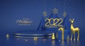 Christmas Scene and 3D round platforms on blue background. 3D Golden numbers 2022. Blank Pedestal with deer, shining snowflakes, Royalty Free Stock Photo