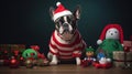 Christmas scene with a dog wearing a Santa hat, surrounded by various decorations and gifts Royalty Free Stock Photo