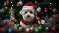 Christmas scene with a Dog wearing a Santa hat surrounded by various holiday decorations Royalty Free Stock Photo