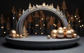 a christmas scene with gold ornaments and a arch Round podium with golden Christmas balls and trees for luxury Christmas product