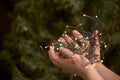 Christmas scene: hands of a young man holding a string of colored lights Royalty Free Stock Photo