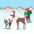 Christmas Scene with Kids. Happy Family on Winter Holidays. Children Feeding Deer. New Year Celebration