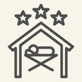 Christmas scene line icon. Birth of Christ holy night outline style pictogram on white background. Baby Jesus lies in