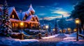 Christmas scene with lit up house in the middle of the night. Generative AI Royalty Free Stock Photo